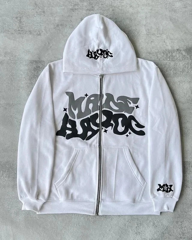 Retro Star Print Zipper Hoodie