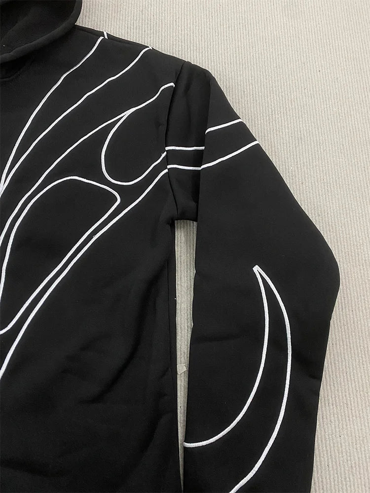 Striped Embroidered Black Hoodie Oversized