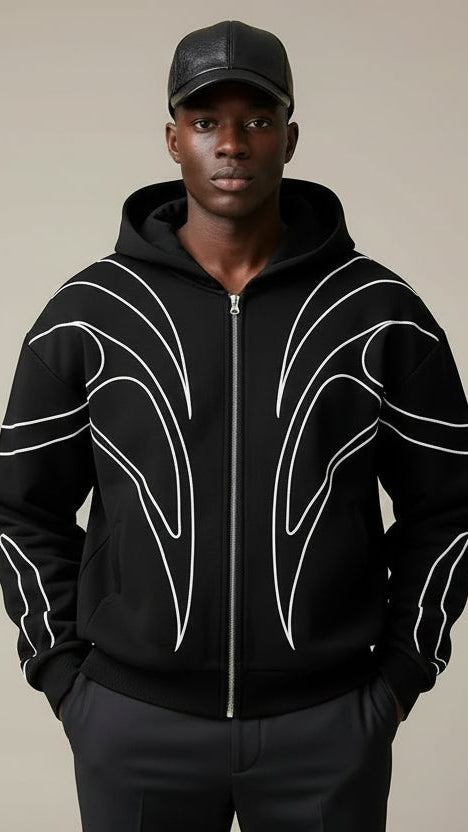 Striped Embroidered Black Hoodie Oversized