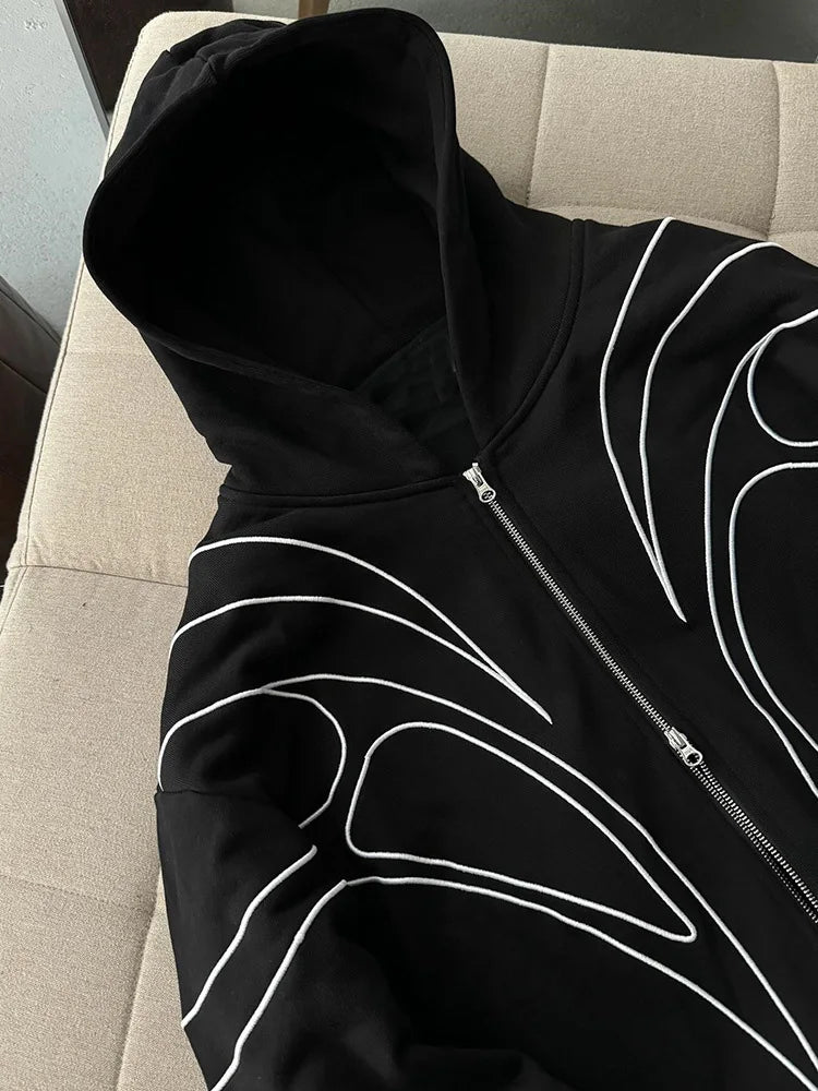 Striped Embroidered Black Hoodie Oversized