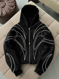 Striped Embroidered Black Hoodie Oversized