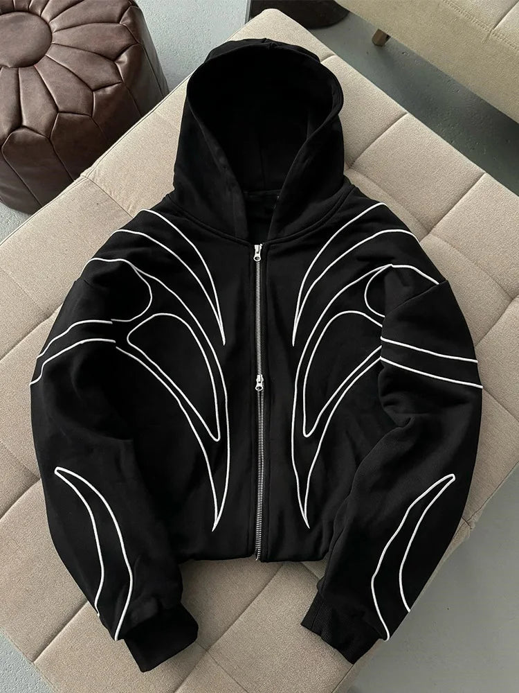 Striped Embroidered Black Hoodie Oversized